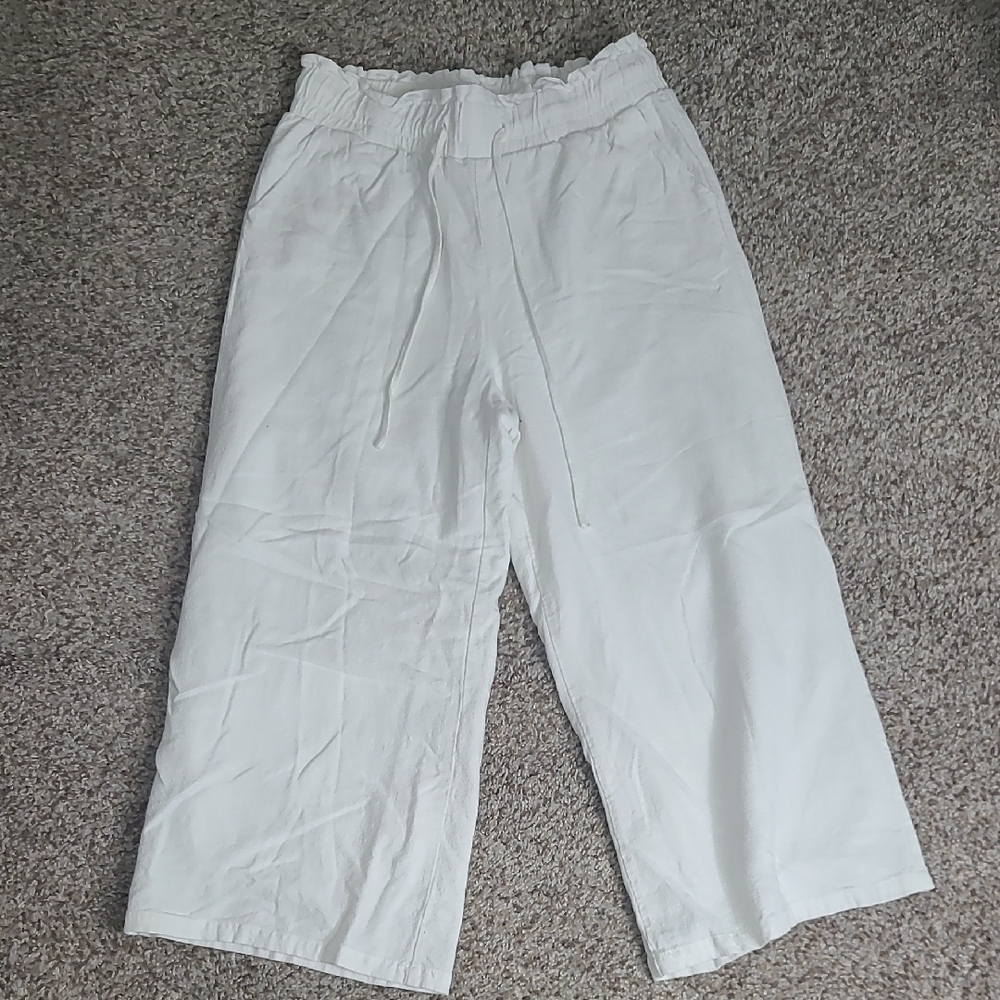 Anrabess White Drawstring Linen Blend Pants